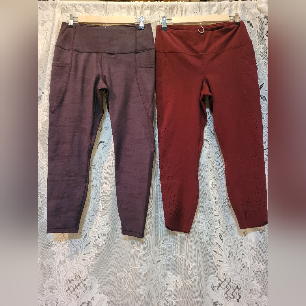 Active Life Size L Set Of 2 Purple Camo And Maroon Ankle Leggings W/Pockets